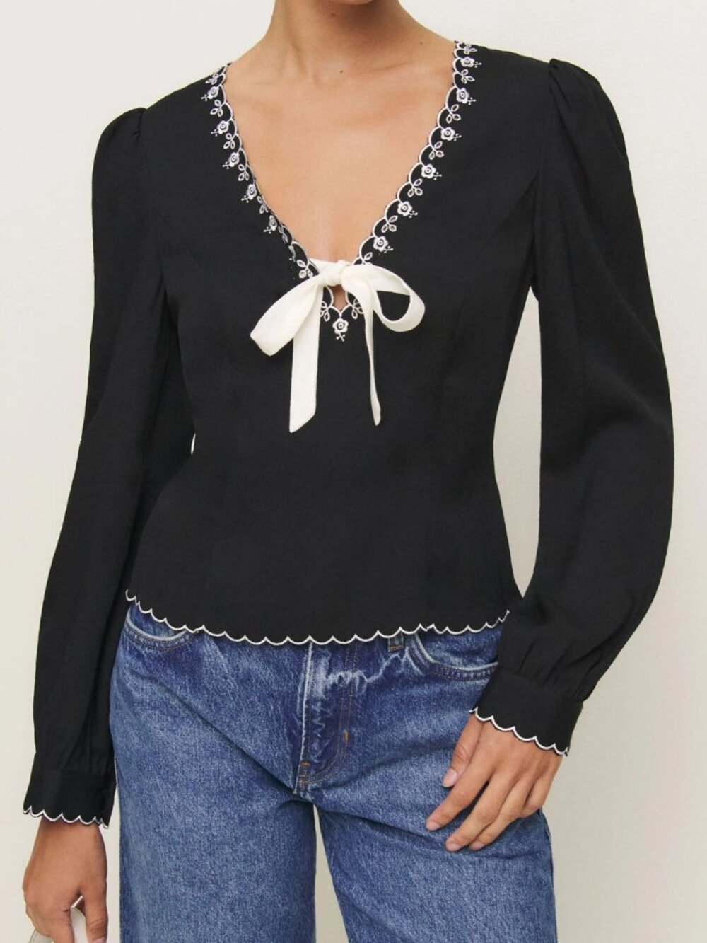 Reformation Vivia Embroidered V-Neck Scallop Top Black 2
